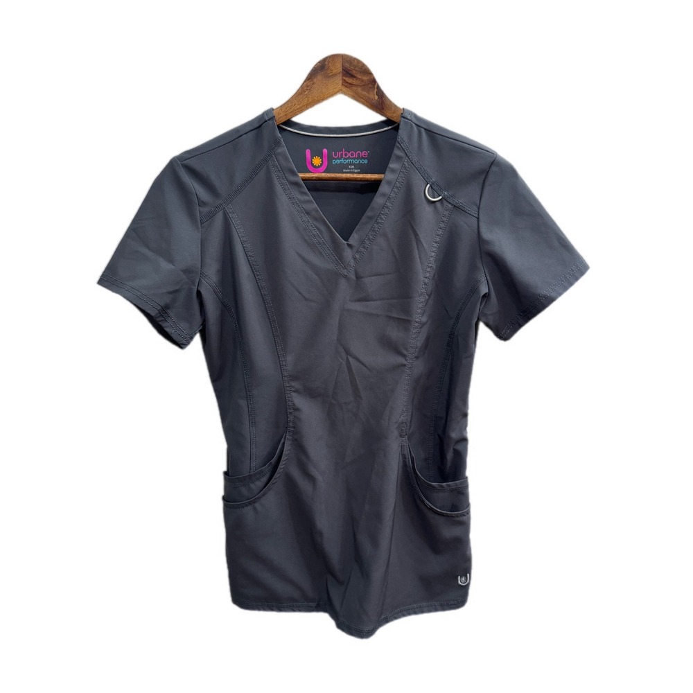 Urbane Performance Scrub Top Womens XSM Grey Excellent V-Neck Pockets 9308